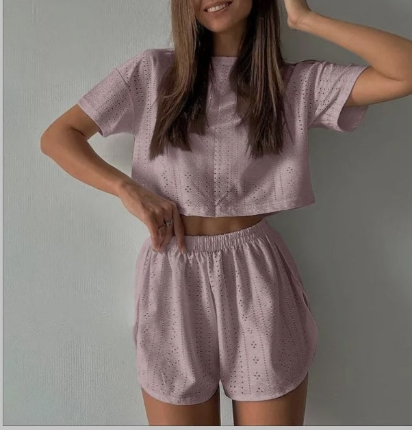 2pcs Casual Hollow Suit With Short-sleeved Crop Top And Elastic Slit Shorts Summer Fashion Sport Clothing For Women