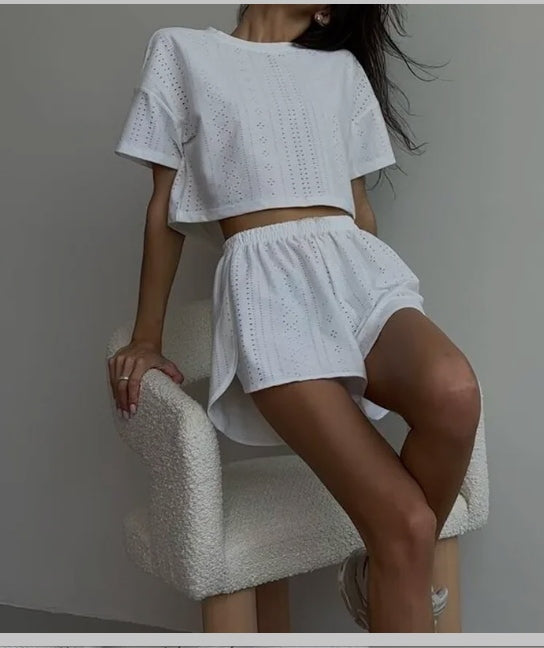 2pcs Casual Hollow Suit With Short-sleeved Crop Top And Elastic Slit Shorts Summer Fashion Sport Clothing For Women