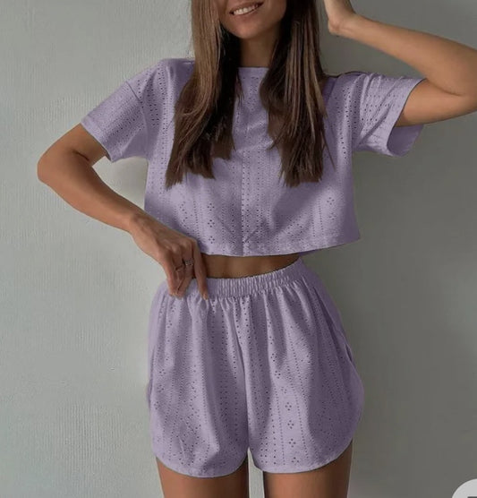 2pcs Casual Hollow Suit With Short-sleeved Crop Top And Elastic Slit Shorts Summer Fashion Sport Clothing For Women